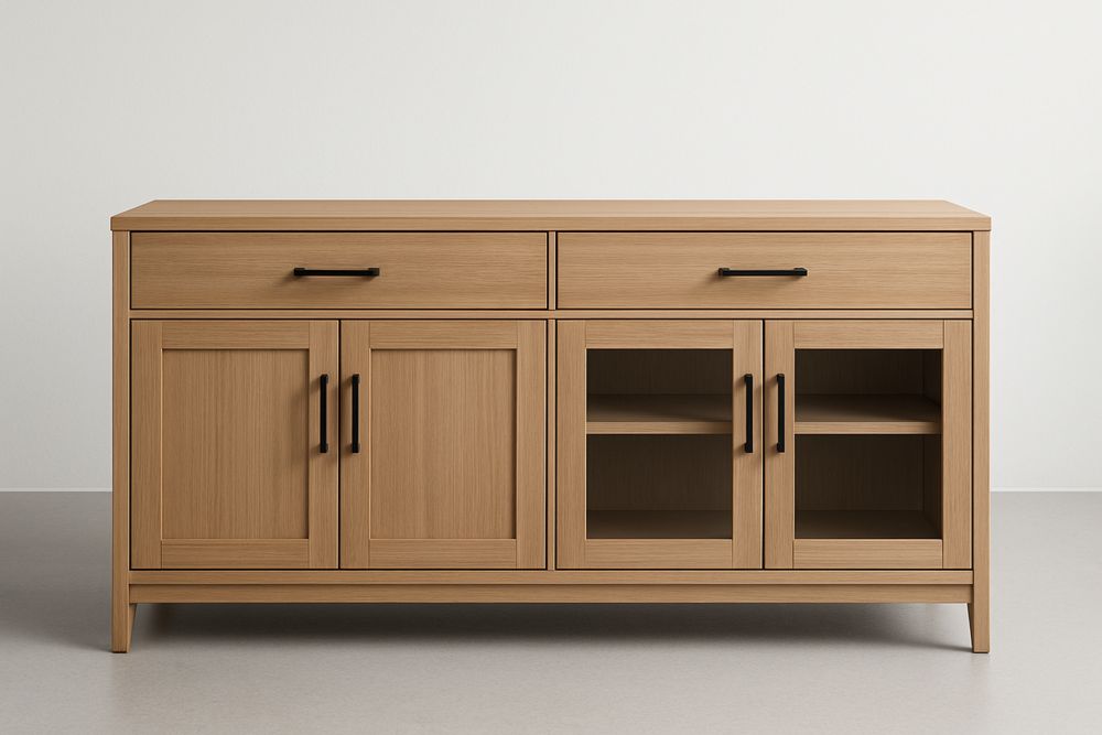 Buffet de salle à manger en bois massif à 4 portes avec poignées noires