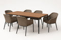 Table à manger rectangulaire bois et 6 fauteuils en métal et polyéthylène tressé