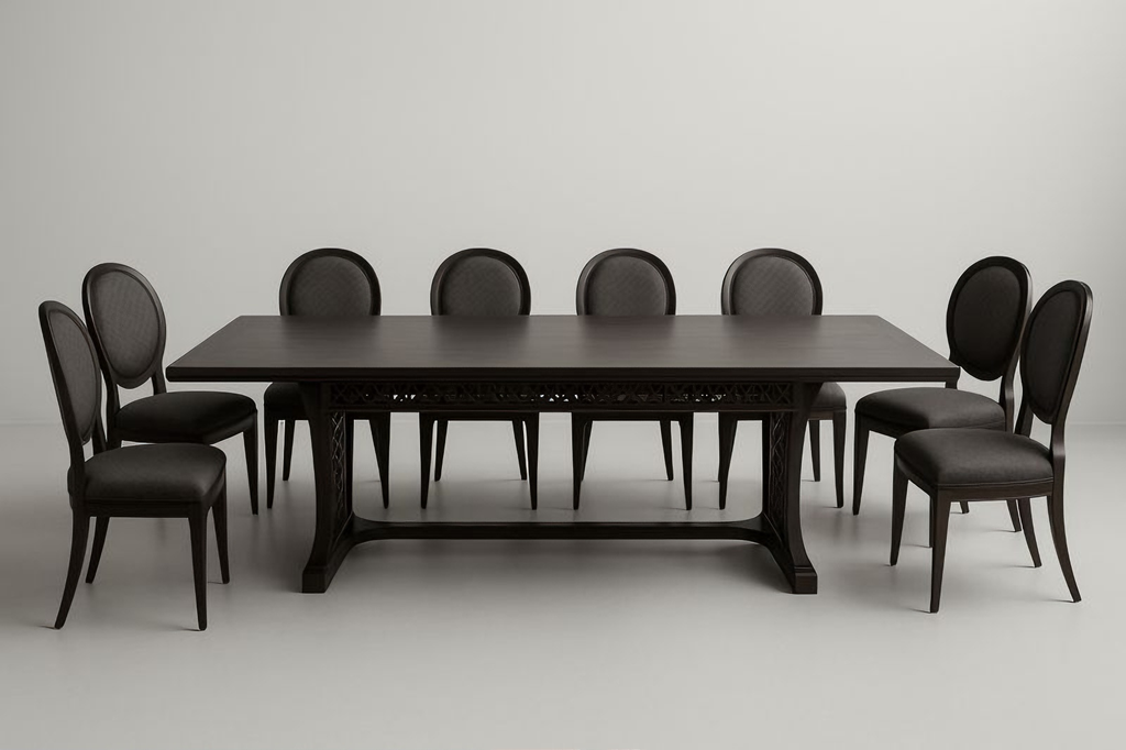 Table rectangulaire en bois avec 8 chaises en tissu anthracite