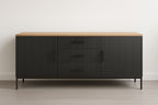 Buffet bas en aluminium avec portes et tiroirs noirs, dimensions 120×40×75 cm