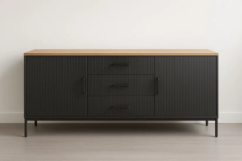 Buffet bas en aluminium avec portes et tiroirs noirs, dimensions 120×40×75 cm
