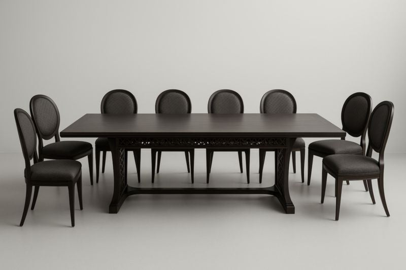 Table rectangulaire en bois avec 8 chaises en tissu anthracite