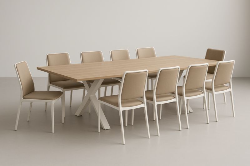 Table rectangulaire en bois avec 10 chaises en métal blanc et beige