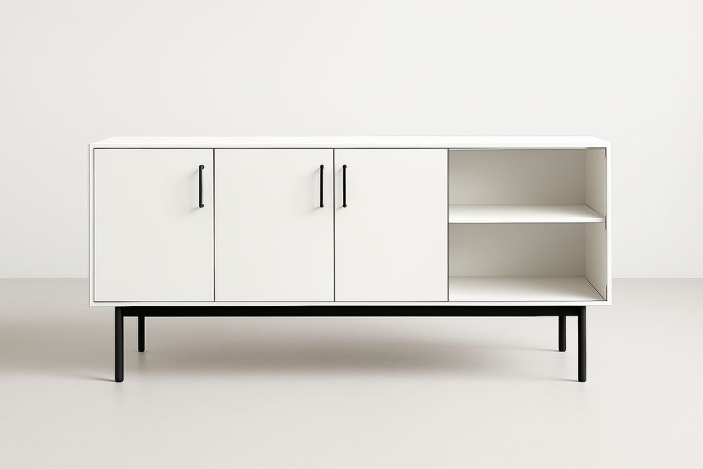 Buffet blanc en bois MDF et acier avec étagères